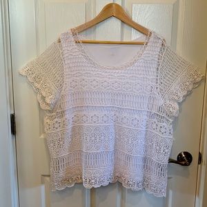 CJ Banks Crocheted Top. Tank under shirt. See through sleeves. White, 1X